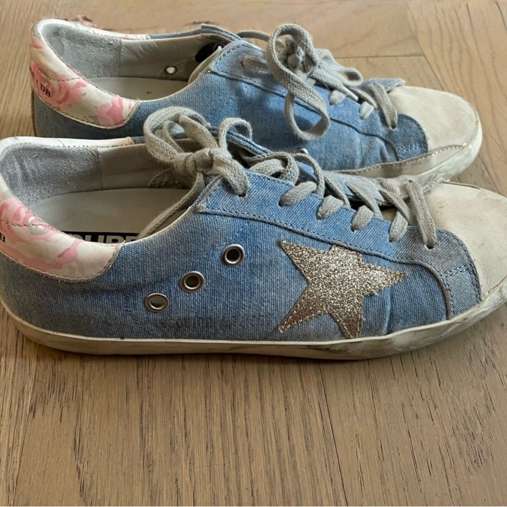 Golden Goose Superstar Sneakers in Denim Blue with Glittering Stars and Florals